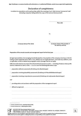 Cover der Leseprobe "Declaration of completeness in relation to corporations and to partnerships within the meaning of sect. 264a German Commercial Code (including companies falling within the scope of the German Disclosure Act)" von DWS-Medien.