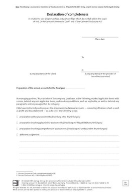 Cover der Leseprobe "Declaration of completeness in relation to sole proprietorships and partnerships which do not fall within the scope of sect. 264a German Commercial Code and of the German Disclosure Act" von DWS-Medien.