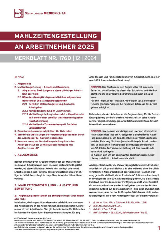 Mahlzeitengestellung an Arbeitnehmer 2025 (PDF) DWS